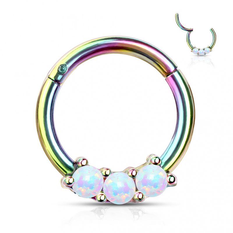 3 Stones Front Facing Hinged Ring Rainbow Opal White