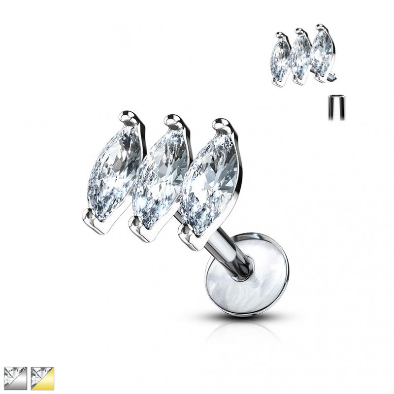 Triple Marquise Internally Threaded Labret Clear