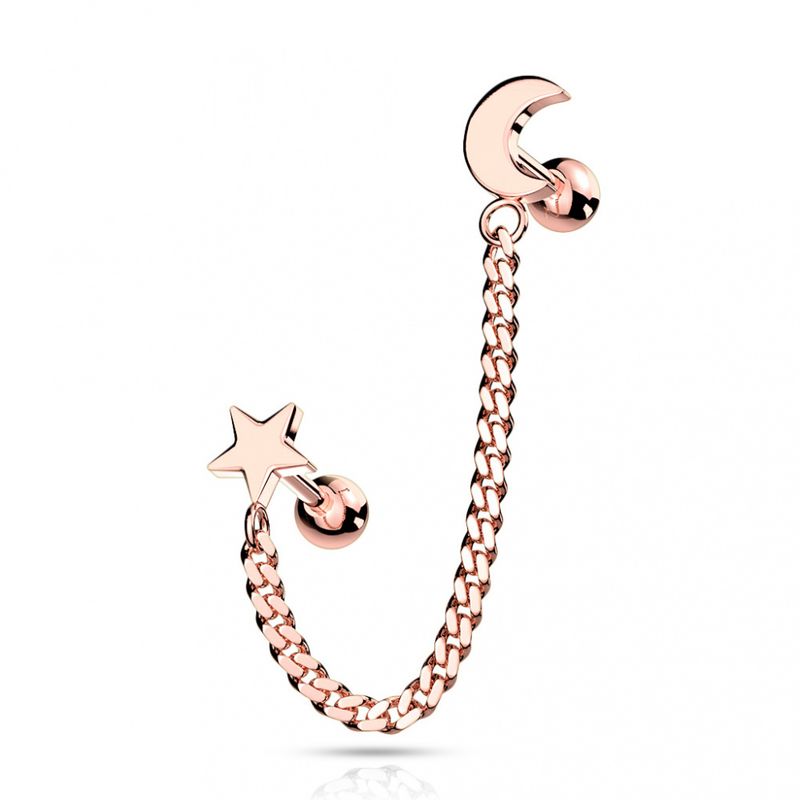 Star and Chain Linked Crescent Moon Rose Gold