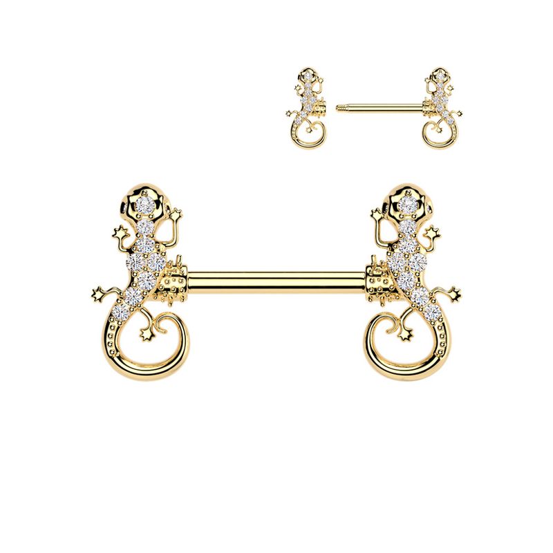 Crystal Gecko Nipple Bar Gold Clear