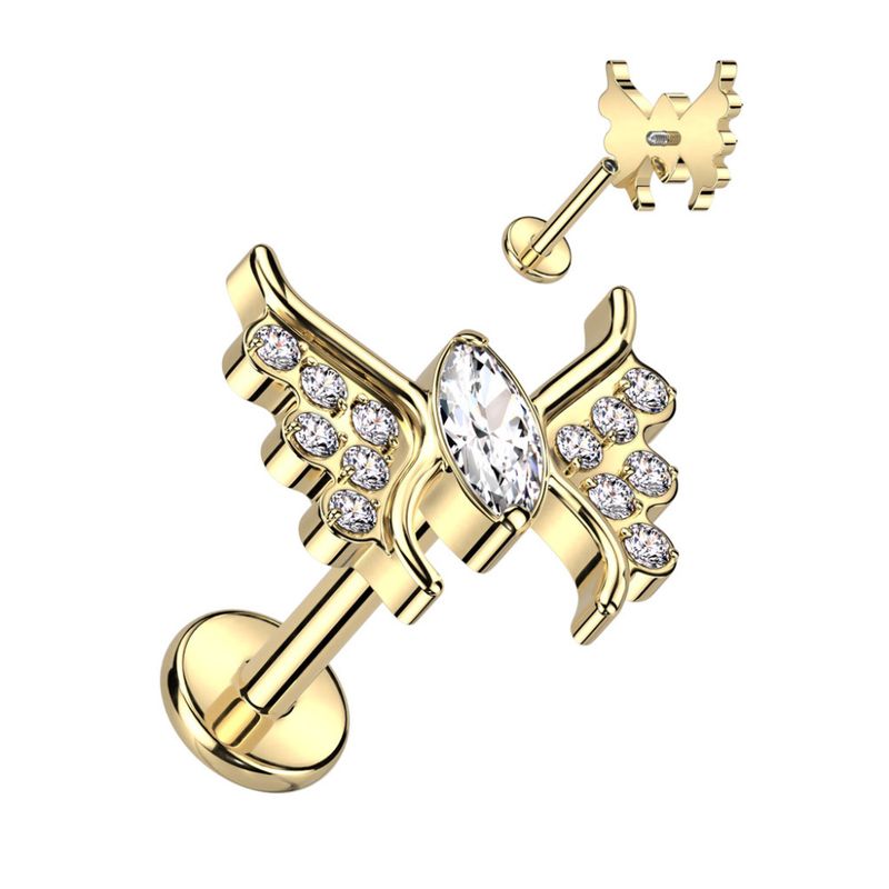 Butterfly Wings Internally Threaded Labret Gold Clear