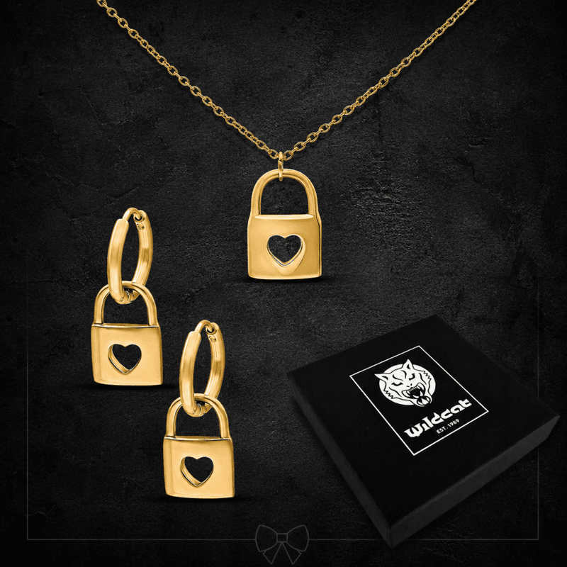 Little Heart Lock Necklace with Hoops Set Gold